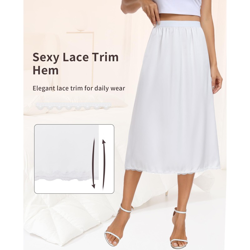 Vlazom Women's Satin Half Slips Lace Long Underskirt Soft Waist