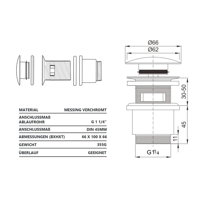 VILSTEIN Universal Drain Valve, Washbasin, Pop Up Valve with Overflow,