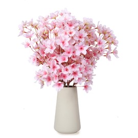 RECUTMS Artificial Cherry Blossom 7Pcs with Ceramic Vase Fake Flower Decor for Home Garden Wedding Party Faux Silk Bouquet Peach Floral Valentines Mother's Day Table Centerpieces(Pink)
