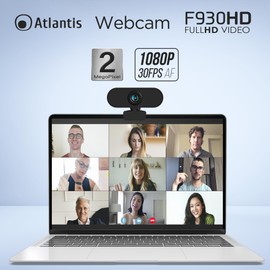 Atlantis Webcam Full HD 1080p 1920x1080/30fps, Manual Focus, Built-in Microphone, USB Port, White Balance, Viewing Angle 80°, Suitable for Video Calls, Model P015-F930HD