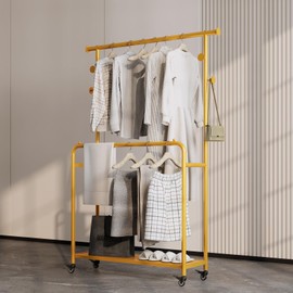 ZHBHYZ Sturdy Metal Double Rods Clothes Rack With Wheels, Rolling Clothing Rack With Shelves & Hooks, Heavy Duty Garment Racks for Hanging Clothes, Multi-Functional Closet Rack for Bedroom (gold)