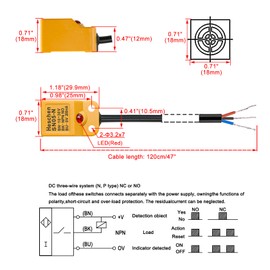 Heschen Square Inductive Proximity Sensor Switch, Non-Shield Type, SN05-N, Detector Distance 5mm, 10-30VDC 200mA, NPN Normally Open(NO), 3 Wire