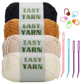 Beginners Crochet Yarn, 4 * 50g No Split Yarn, Chunky Cotton Yarn, Easy Knitting Yarn for Crocheting Knitting, Thick Bulky Cotton Yarn for Beginners(Beige + Brown + White + Black)