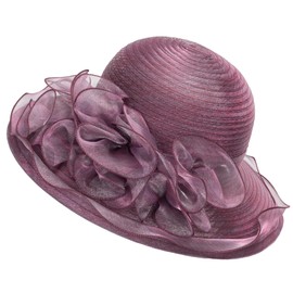 Women Kentucky Organza Derby Hat - Bridal Wedding Church Tea Party Wide Brim Summer Sun Cap, Dark Purple, M