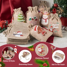 KISSITTY 30pcs 15 Styles Christmas Theme Drawstring Bags Storage Pouches Rectangle Shape Santa Claus Tree Snowman Wreath Reindeer Pattern for Jewelry Gifts Party Favors Wrapping, 3.9x5.5 Inch