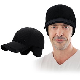 EUIEUT Baseball Cap with Ear Flaps Men's Winter Hat Baseball Cap Winter Cap Peaked Cap Winter Baseball Cap Men's Cap Black Warm Hat for Winter Outdoor Mountaineering Travel (Head Circumference: 50-60