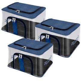 Storite 3 Pack Storage Boxes Nylon PVC Transparent Moisture Resistant Storage Boxes for Clothes Closet Wardrobe Saree Bags for Clothes with Carry Handle (Dark Blue, 44 x 31 x 24