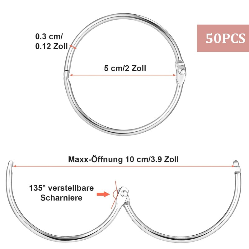 Oenothera 50 Pieces Curtain Pole Rings, 50mm Internal Diameter Curtain