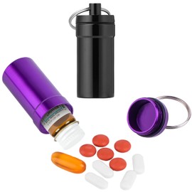 Keychain Pill Holder for Nitroglycerin, 2 Pack Mini Waterproof Portable Travel Purse Pocket Pill Case, Keychain Fob Container for 25ct Nitro/Nitroglycerin Bottle (Black + Purple)