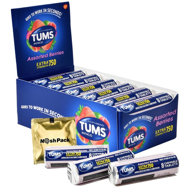 Tums Antacid Chewable Tablets for Travel, 12 Rolls Extra Strength Fast Acting Chewy Bites Assorted Berry Flavor for Heartburn Relief and Acid Indigestion Relief Calcium with NP Mints Packet, 96 Pieces