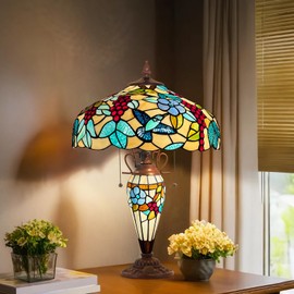 Capulina Tiffany Table Lamp 3-Light with Nightlight 16X16X25 Inches Grape Style Stained Glass Mother-Daughter Vase Desk Light for Home Office Living Room Bedroom