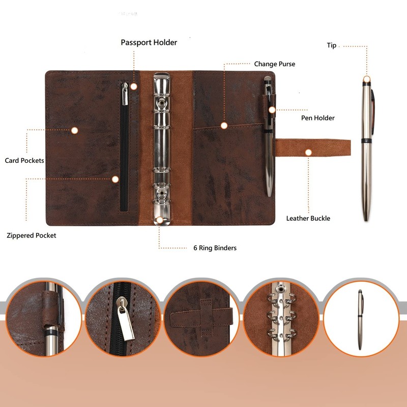 Wonderpool Leather Journal Refillable Binder A6 Writing Notebook Folder Organiser