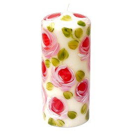 Decorated Hand Painted Pink Rose Unscented Dripless Large 7 Inch Tall Ivory Pillar Candle Romantic Shabby Chic Home Decor