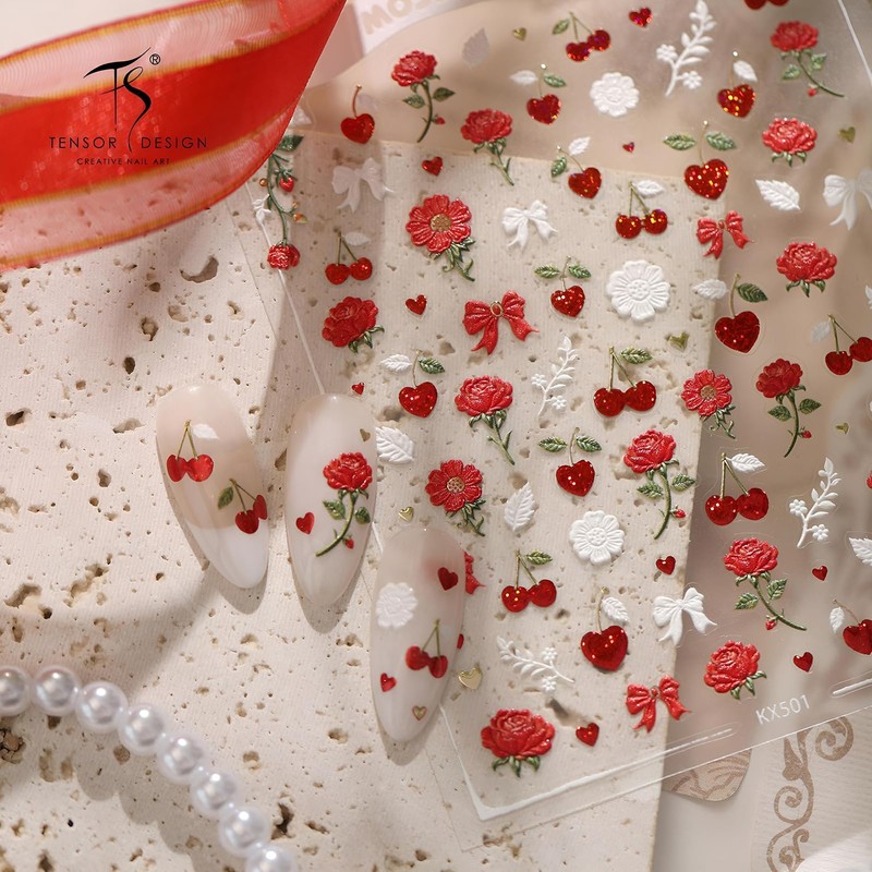 5D Embossed Rose Nail Stickers, Vintage French Cherry Bow Self-Adhesive