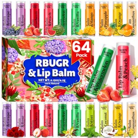 RBUGR 64 Pack Lip Balm - 12 Flavored with Coconut Oil Organic Natural Moisturizing Lip Balms for Dry Cracked Lips, Bulk Set Hydrating for Valentines Gifts (4.2g/0.15oz)