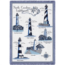 Lighthouses of North Carolina - Curritick, Cape Lookout, Hatteras, Bald Head Island, Ocracoke, Bodie - Blanket Throw Woven from Cotton - Made in The USA (70x50)