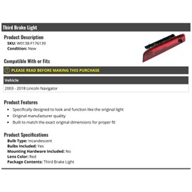 Marketplace Auto Parts 3rd Brake Light Lens - Compatible with 2003-2018 Lincoln Navigator