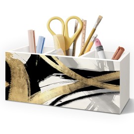 AQYIP Black White and Gold Pen Pencil Holder for Boho Modern Desk Decor, Abstract Black and Gold Mid Century Modern Wooden Box Decorative Sign for Home Office Desk Tabletop Decor