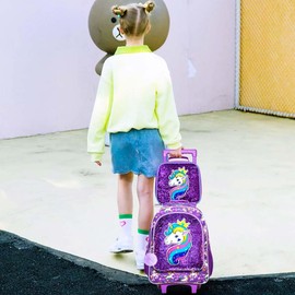 gxtvo Kids Rolling Backpack for Girls, Roller Wheels Bookbag - Wheeled Elementary Sequin School Bag - 3PCS Unicorn Purple