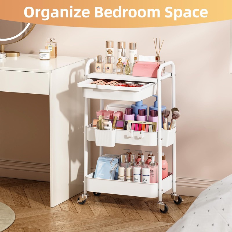 KINGRACK 3 Tier Metal Rolling Cart with Drawer, White Utility