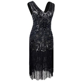 Ponce Fashion Women 1920s Short Prom Dresses V Neck Sequins Cocktail Flapper Plus Dress 20s Accessories Set (L, Style 2 Black Silver)