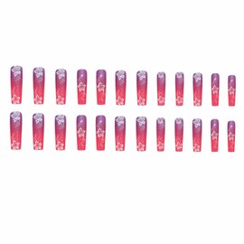 MISUD Extra Long Press on Nails Square Fake Nails Glossy Glue on Nails Squoval Acrylic Nails Pink Purple Ombre Artificial Nails White Flower Stick on False Nails with Bling Glitter Design 24 pcs