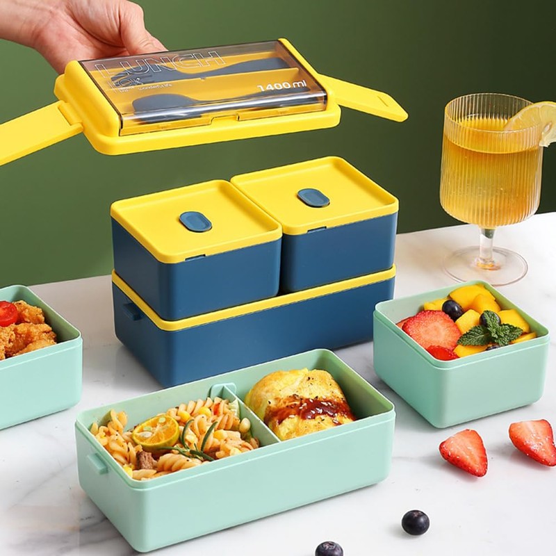 Lunch Box, 1400ml Bento Box with Spoon Fork, Stackable 2