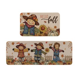 Moutina Hello Fall Scarecrow Decorative Kitchen Rugs Set of 2, Seasonal Autumn Thanksgiving Holiday Home Decor Low-Profile Kitchen Mats for Floor - 17x29 and 17x47 Inch