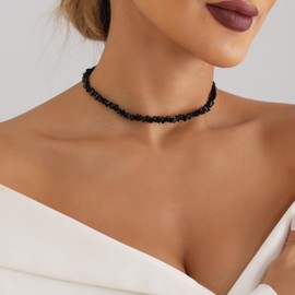 Cimenexe Bohemian Lava Stone Choker Necklace Black Rock Stone Necklace Short Lava Stone Choker Necklace Irregular Shape Onyx Chain Necklace Jewellery for Women and Girls Gifts, Zinc, No Gemstone