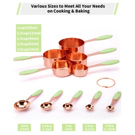 Joyhill Copper Measuring Cups and Spoons Set of 10 Piece, Kitchen Stainless Steel Nesting Measuring Cups Set with Soft Touch Silicone Handles for Dry and Liquid Ingredients, Cooking & Baking (Green)