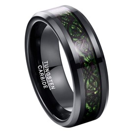 TUNGSTORY Men's Black Tungsten Carbide Dragon Engagement Band 8mm Green Carbon Fiber Promise Rings Size 10.5