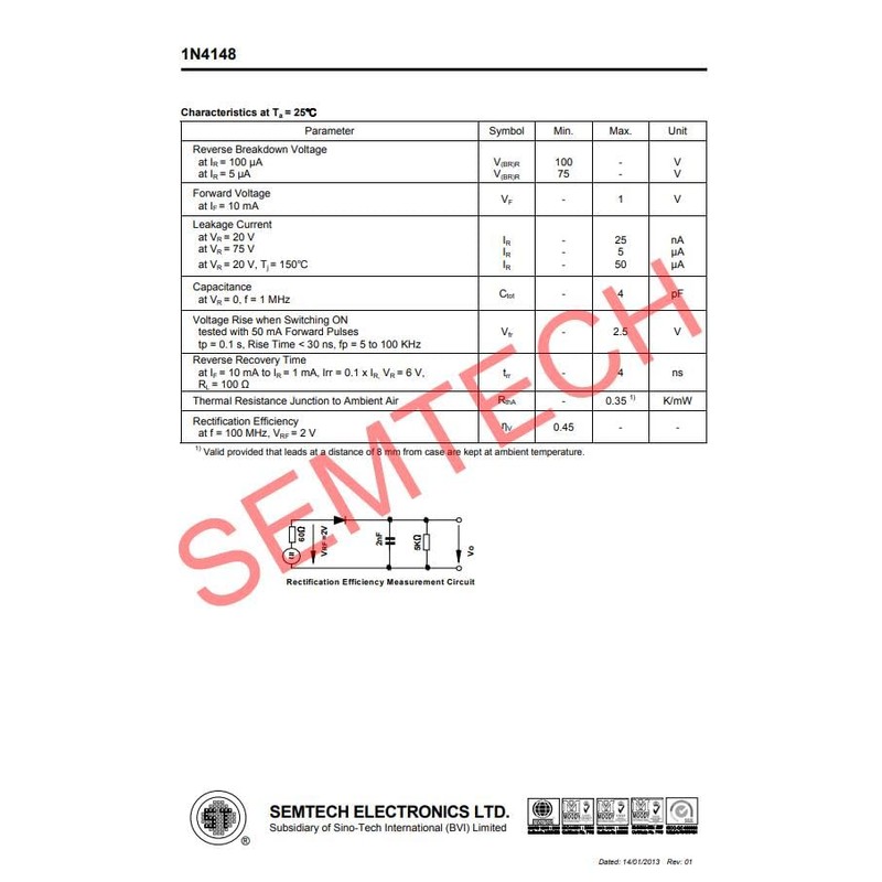 IN4148 200mA 75V Small Switching Signal Diode DO-35 100 Pack