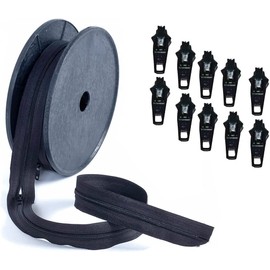 Continuous Zipping Black and Beige with Sliders Cushions Upholstery Nylon Coil Zipper Tape for Sewing Heavy Duty zips on roll Number 5 (Black 5 Meter with 10 Sliders)