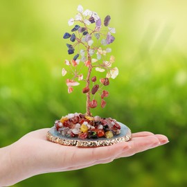 2PCS, Natural Crystal Tree with Widen Gems Agate Base, Healing Crystal Tumble Stone Tree of Life, 7 Chakra Gemstone Tree, Feng Shui Tree Crystal Home Office Decoration for Wealth Happiness Health
