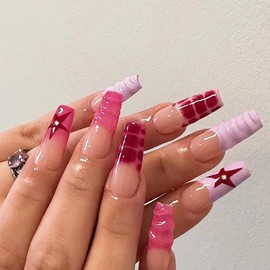 24pcs Long Coffin Press on Nails - 3D Effect French Tip False Nails - 12 Sizes Pretty Square Pink Stick on Nails - Star Pattern Fake nails with Glue - Strong Artificial Glue on Nail for Women Girls