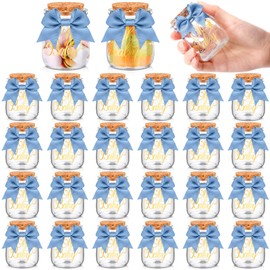 Funnymoom 24 Sets Baby Shower Bottle Party Favors for Guests Milk Glass Bottles with Bows and Stickers 3.4 oz Milk Jar for Gender Reveal Newborn Table Centerpiece Decorations Party Favor (Dusty Blue)