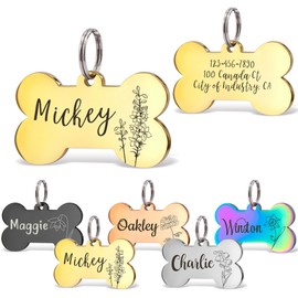 Anavia Floral Pet ID Tags, Birth Month Flowers Theme Dog Tag Round Bone Shape Cat Name Tag, Glossy Stainless Steel Gold Plated Dog Collar Tag (Bone Shape - Gold, Large)