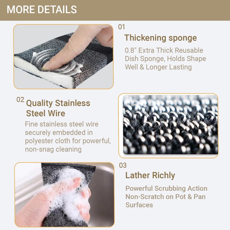 Bakayoyo 6 Pack Heavy Duty Steel Wool Scrubber Sponges, Stainless