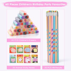 SKAMORI Set of 60 Pencils with Eraser, Children's Set, 20 Children's Pencils + 20 Funny Erasers Children + 20 Sticky Notes, Children's Pencils for Party Bags Children's Birthday Parties 4 5 6 7 8
