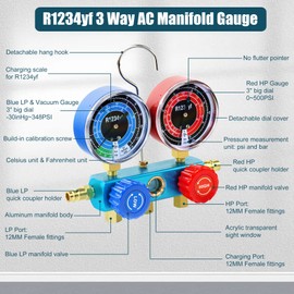 ADAFIRST AC R1234yf Manifold Gauge Set, 3 Way Car Air Conditioning 1234yf Refrigerant Recharge Tool Kit, with Hoses Quick Coupler Case, for Auto Air Conditioner Freon Diagnostic Test and Charging