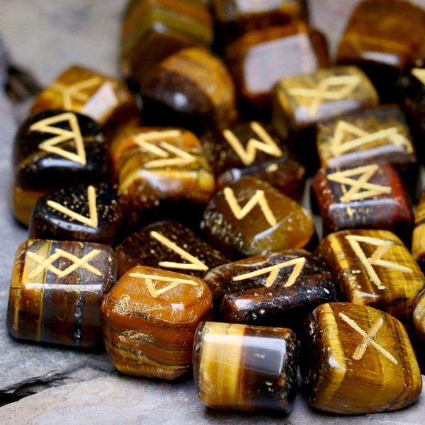 FASHIONZAADI Tiger Eye Gemstone Rune with Engraved Lettering Elder Futhark Reiki Healing Crystal Stone Runes for Fortune Telling and Chakra Balancing Spitual Gift Size: 15-20 mm