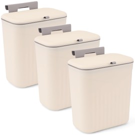 Wensdr 3 Pack Hanging Trash Can with Lid, Kitchen Compost Bin for Counter Top or Under Sink, Plastic Waste Basket Wall Mounted Garbage Can for Cupboard/Bathroom/Bedroom/Office/Camping (Cream)