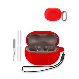 Case for SoundPEATS Engine 4 Wireless Earbuds, WUNIAK Soft Silicone Protective Portable Scratch Shock Resistant Shell with Cleaner Kit & Carabiner & Lanyard,Red