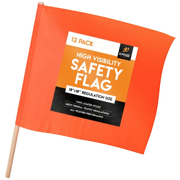 Orange Safety Flags - 18" x 18" Orange Warning Flag with 24" Wood Staff - Pack of 12 - Square Safety Flag - Oversize Signs and Flags - Wide Load Flags - Caution Flags for Roof - Oversized Load Flag - Red Flag for Truck Loads, Towing