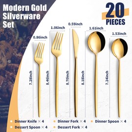 Joincook 20 Piece Gold Silverware Set,Stainless Steel Flatware Cutlery Set Service for 4 Including Forks Spoons Knives,Kitchen Utensil Set,Tableware for Home and Restaurant, Dishwasher Safe