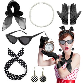 NebulaGlam 50s Women's Accessories, 8 Pieces Rockabilly Accessories for Carnival, 1950s Costume Set with Chiffon Scarf Gloves Sunglasses Polka Dot Bandana Earrings Necklace, black