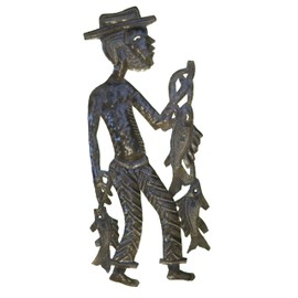 Le Primitif Galleries Haitian Recycled Steel Oil Drum Outdoor Decor, 17 by 7-Inch, Fisherman