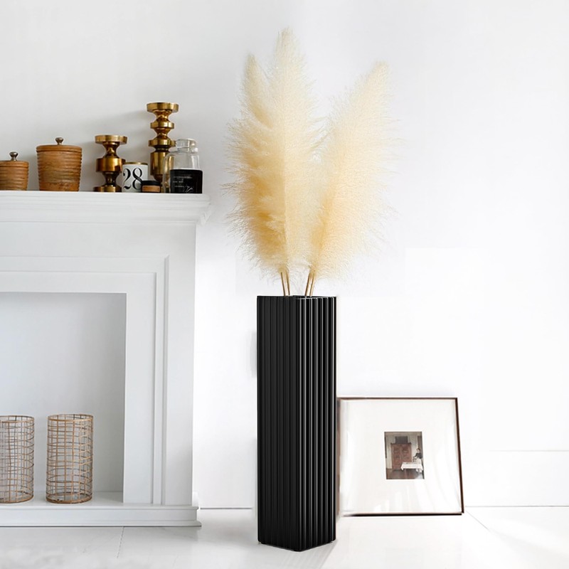 18" Modern Black Vertical Stripe Floor Vase, Tall Centerpiece Vase