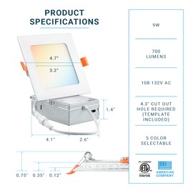 PARMIDA (6 Pack) 4 Inch Square 5CCT Ultra Thin LED Recessed Lighting with Junction Box, 2700K/3000K/3500K/4000K/5000K 5 Color Selectable, 9W, Dimmable, Canless Wafer Slim Panel Lights, IC Rated, ETL