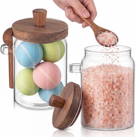 Suclain 2 Set 18 oz Glass Bath Salts Jar with Wooden Lids and Scoop Bath Salt Container Food Airtight Storage Containers for Sugar Coffee Bean Candy Spice